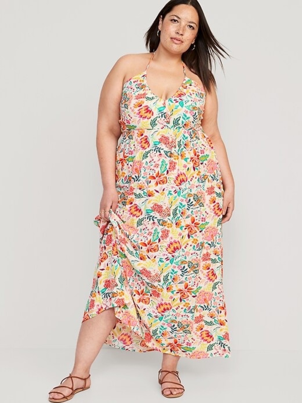 Old Navy Womens Plus Size 4X Fit & Flare Crinkled Halter Maxi Dress Multi Floral